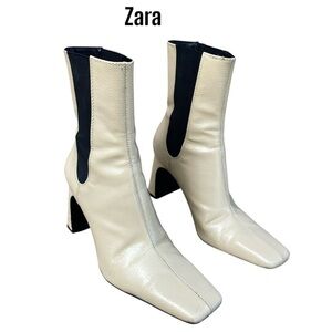 ZARA Ivory Cream Patent Leather Mid Calf Chelsea Boots Size 6